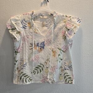 Solitaire Floral Eyelet Blouse Womens Medium White Cottagecore Flutter Sleeve